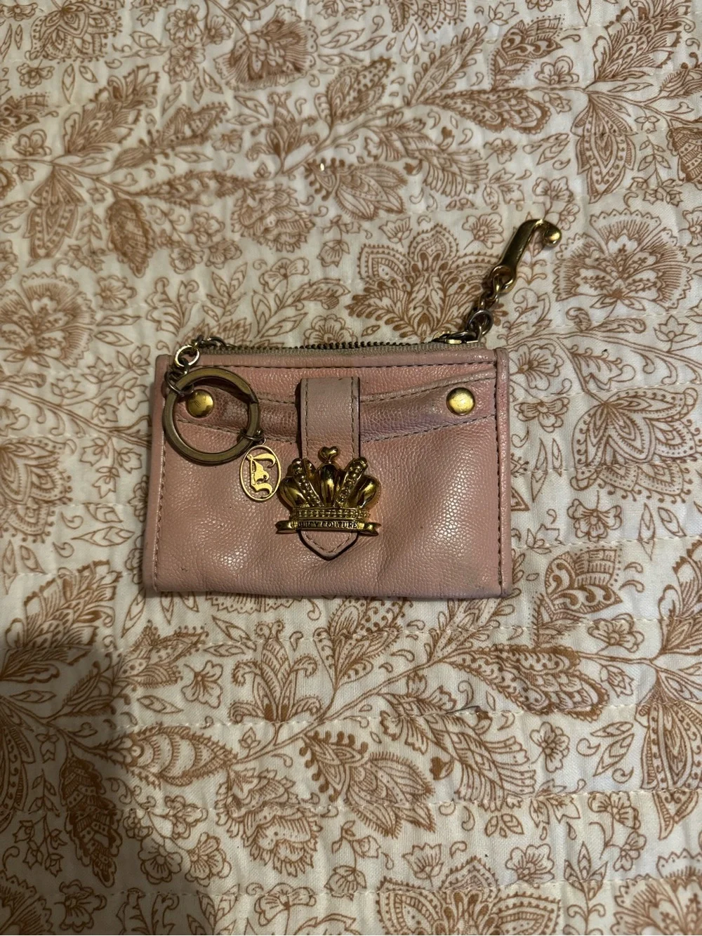 Juicy Couture Blush Pink Leather Card Holder with Gold Crown Charm